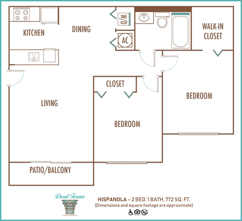 Floor plan for 2 beds, 1 bath, 772 sqft